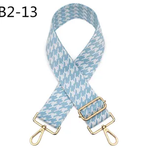 Blue white houndstooth replacement bag strap adjustable shoulder cross body strap gold hardware.