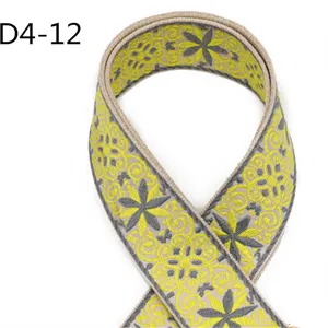 Detailed view of the 5cm ethnic jacquard ribbon featuring vibrant yellow and grey floral motifs.