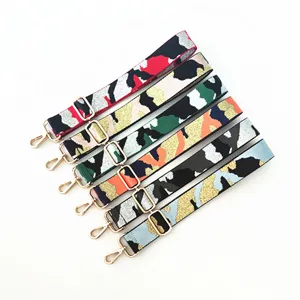 Colorful jacquard camouflage replacement bag strap with gold metal hardware adjustable buckle.