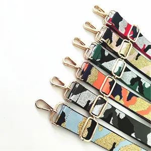Stylish replacement adjustable bag strap with jacquard camo pattern and gold hardware.