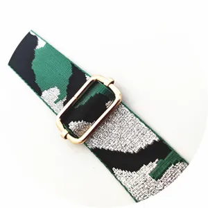 Jacquard camo bag strap detail, green and silver woven replacement shoulder strap with gold buckle
