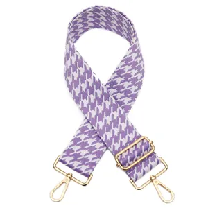 Adjustable purple houndstooth replacement bag strap with gold hardware for women crossbody bags.