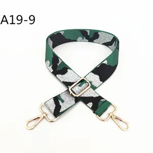 Replacement camouflage jacquard bag strap with adjustable metal gold buckles and hooks.