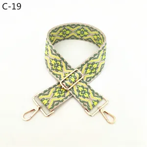Jacquard woven bag strap detail, green geometric pattern, adjustable crossbody hardware.
