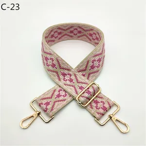Jacquard woven bag strap detail, ethnic geometric pattern with durable gold tone metal hardware.