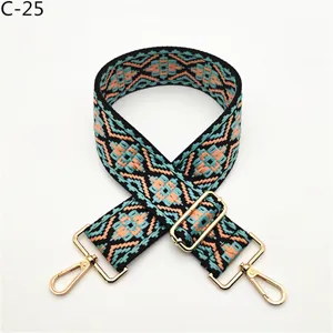 Ethnic jacquard bag strap detail showing colorful geometric pattern and gold hardware.