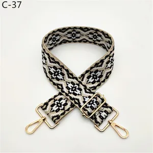 Ethnic style jacquard bag strap, black white geometric pattern with gold hardware adjustable