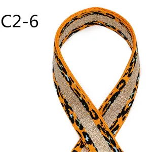 Ethnic style jacquard webbing detail shot, 3.8cm gold thread polyester leopard strap.