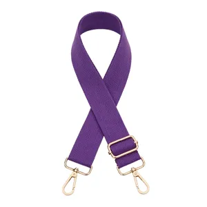 Adjustable purple replacement bag strap with premium gold metal hardware, detailed close-up.