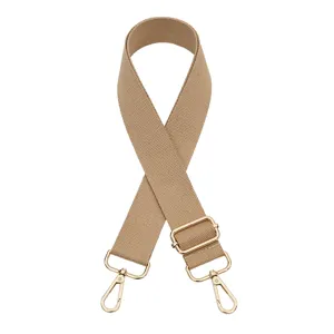 Adjustable khaki canvas bag strap replacement with gold hardware for crossbody purses.