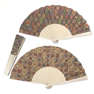 European style cork folding fan vintage pattern wooden ribs hand fan for daily gift use