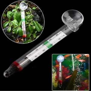 Detailed view of the aquarium thermometer glass tube showing clear Celsius and Fahrenheit scales.