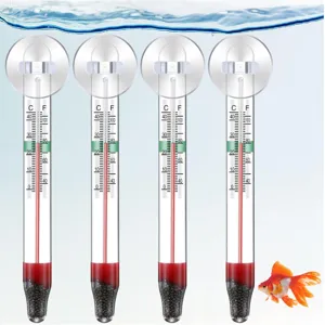 Aquarium glass water thermometer detail view with dual Celsius and Fahrenheit scale markings.