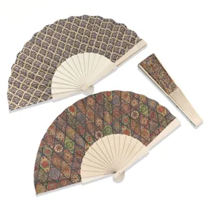 European style cork folding fan, vintage pattern wooden hand fan for everyday use