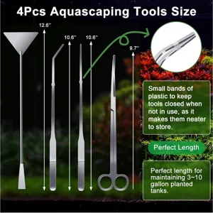 Detalle del juego de herramientas para aquascaping con medidas y características.