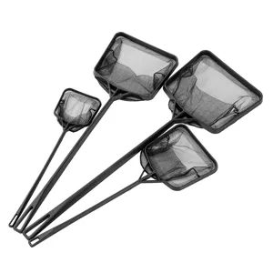 Detailed view of black aquarium fish nets set, four different sizes for fish tank cleaning.