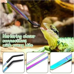 Close-up details of stainless steel pet feeding tweezers with colorful rainbow finish and tips.