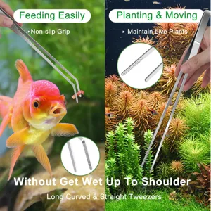 Detalle de pinzas de acuario de acero inoxidable con agarre antideslizante para plantas y alimentación.