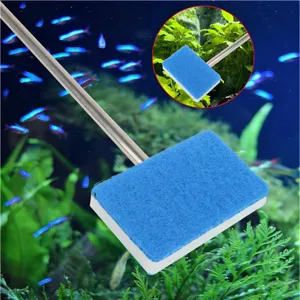 Long handle fish tank cleaning brush with blue sponge for aquarium glass algae removal tool.
