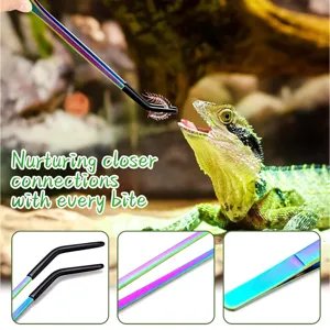 Stainless steel pet feeding tweezers rainbow color turtle frog feeding tool with rubber tips detail