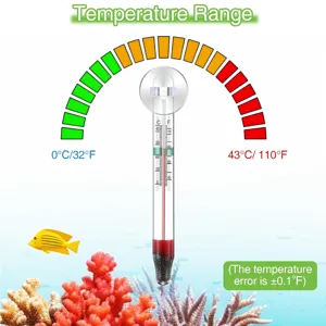 Aquarium glass water thermometer with suction cup and clear scale markings for fish tank use.