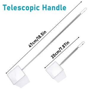 Épuisette télescopique en acier inoxydable avec poignée réglable pour nettoyage aquarium.