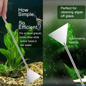 Herramienta espátula aquascaping de acero inoxidable para acuario, limpieza algas y nivelación grava.