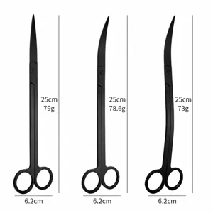 Black stainless steel aquarium plant scissors size chart, 25cm length aquascaping tool.