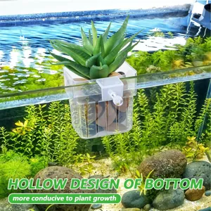 Transparent aquarium plant holder hanging hydroponic basket with bottom hollow design.