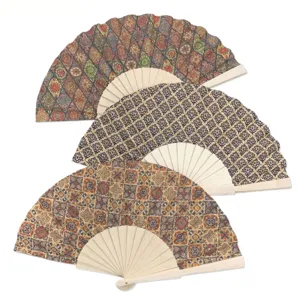 Spanish Style Wooden Folding Hand Fan Vintage Cork Floral Printed Fan Portable Summer Cooling Fan Home Decor