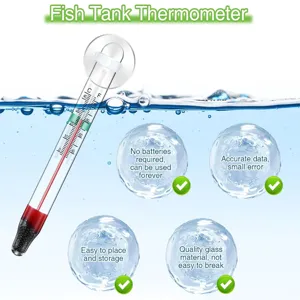 Glass fish tank thermometer detail view showing dual C and F scales with suction cup.