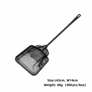 Detailed close-up view of the black plastic aquarium fish net with fine mesh pocket.