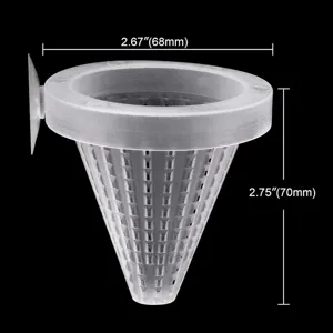 Transparent plastic fish tank red worm cone feeder cup with suction cup and size mark.