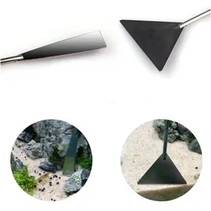Stainless steel aquarium sand shovel and scraper tool for fish tank cleaning and aquascaping.