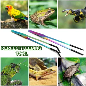 Stainless steel pet feeding tweezers with colorful finish and rubber tips for reptiles.