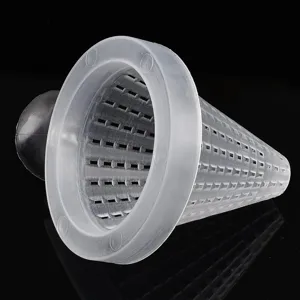 Clear plastic fish tank bloodworm feeder funnel cone design with suction cup for aquarium feeding.