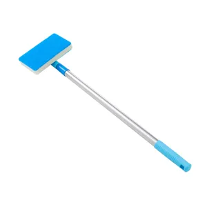 Long handle fish tank cleaning brush detail, blue sponge scraper and metal extension pole.