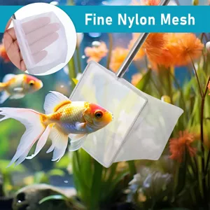 Vue détaillée de la poche de filet de pêche en nylon fin, mât télescopique, aquarium.