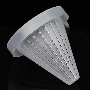 Transparent plastic mesh detail view of the fish tank bloodworm feeder funnel cup.