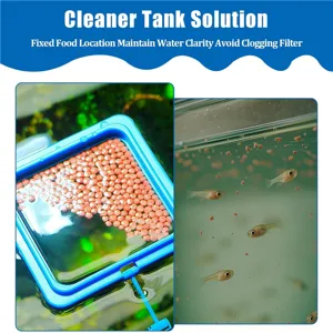 Detail view of blue square fish tank feeding ring showing food placement and water clarity effect.