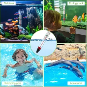 Glass aquarium thermometer with suction cup for fish tanks, easy to read water temperature.