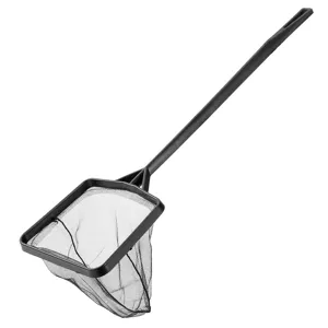 Black fish net aquarium fish landing net with long plastic handle for fish tank cleaning