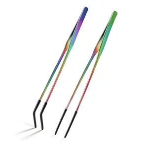 Stainless steel pet feeding tweezers rainbow long tongs with black rubber tips for reptile