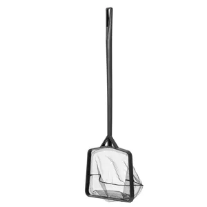 Compact aquarium fish landing net with durable black plastic handle and fine mesh pocket.