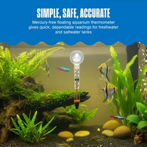 Floating aquarium thermometer with suction cup for freshwater and saltwater fish tanks.