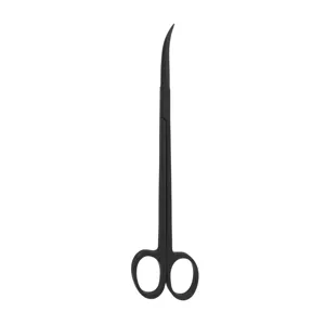 Detail view of black stainless steel curved aquascaping scissors for fish tank plant trimming.