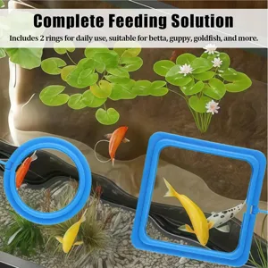 Detailed view of fish tank feeding rings, including square and round floating designs for aquarium.