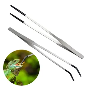 Reptile feeding tongs detail view, stainless steel pet tweezers with rubber tips for safe feeding.