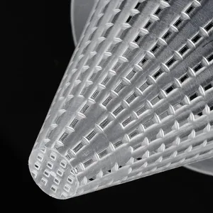 Clear close-up detail of transparent plastic fish tank redworm feeder funnel with grid mesh.