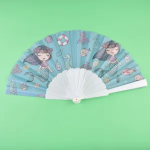 Abanico plegable de sirena lindo con marco de plástico resistente para refrescarse en verano.